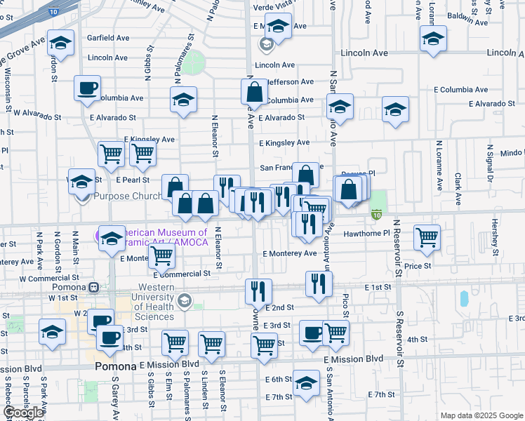 map of restaurants, bars, coffee shops, grocery stores, and more near 528 East Pasadena Street in Pomona