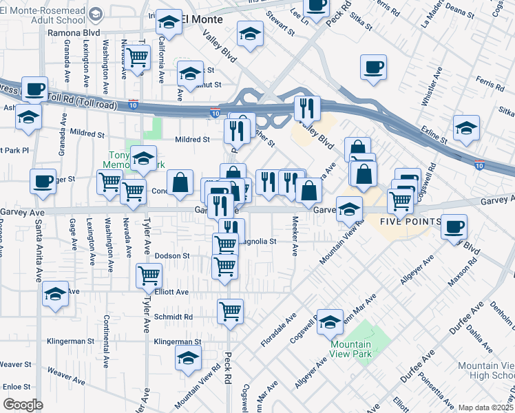 map of restaurants, bars, coffee shops, grocery stores, and more near 11401 VuePointe Way in El Monte