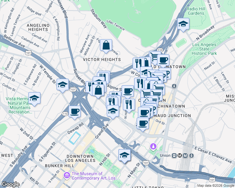 map of restaurants, bars, coffee shops, grocery stores, and more near 713 North Grand Avenue in Los Angeles
