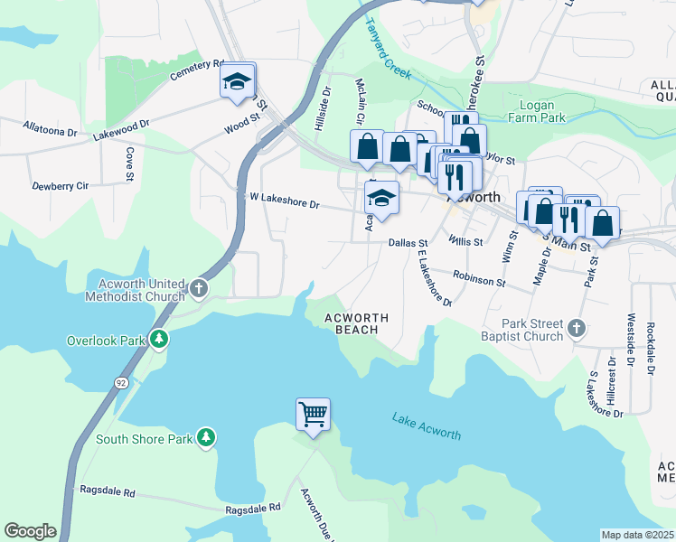 map of restaurants, bars, coffee shops, grocery stores, and more near 4408 Lakeview Court in Acworth