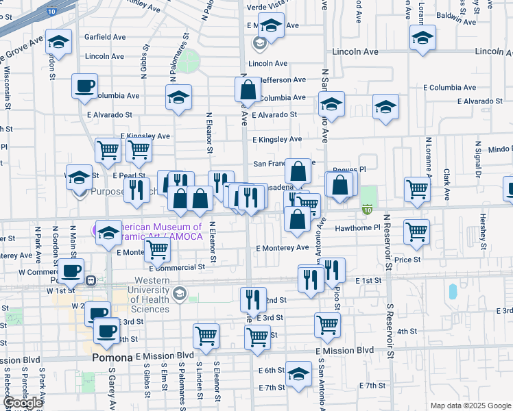 map of restaurants, bars, coffee shops, grocery stores, and more near 528 East Pasadena Street in Pomona