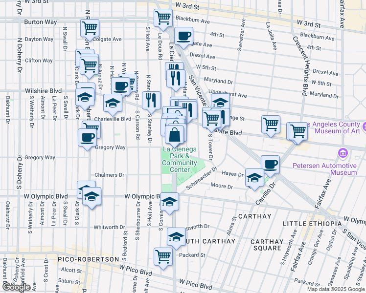 map of restaurants, bars, coffee shops, grocery stores, and more near 227 South Hamilton Drive in Beverly Hills