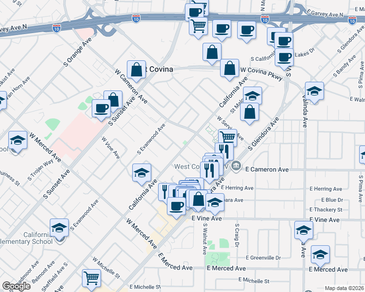 map of restaurants, bars, coffee shops, grocery stores, and more near 815 California Avenue in West Covina