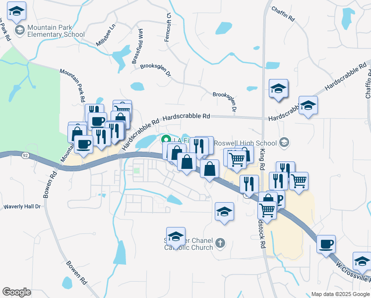 map of restaurants, bars, coffee shops, grocery stores, and more near 4007 Manchester Circle in Roswell