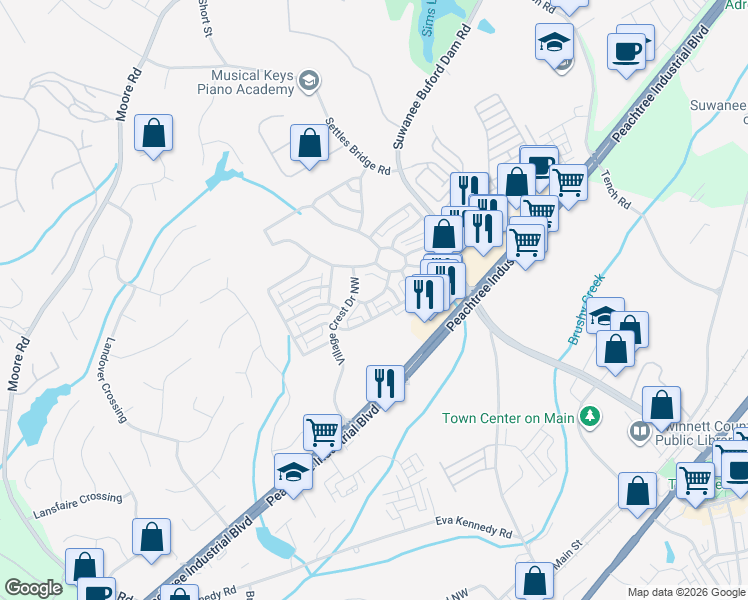 map of restaurants, bars, coffee shops, grocery stores, and more near Grove Manor Park in Suwanee