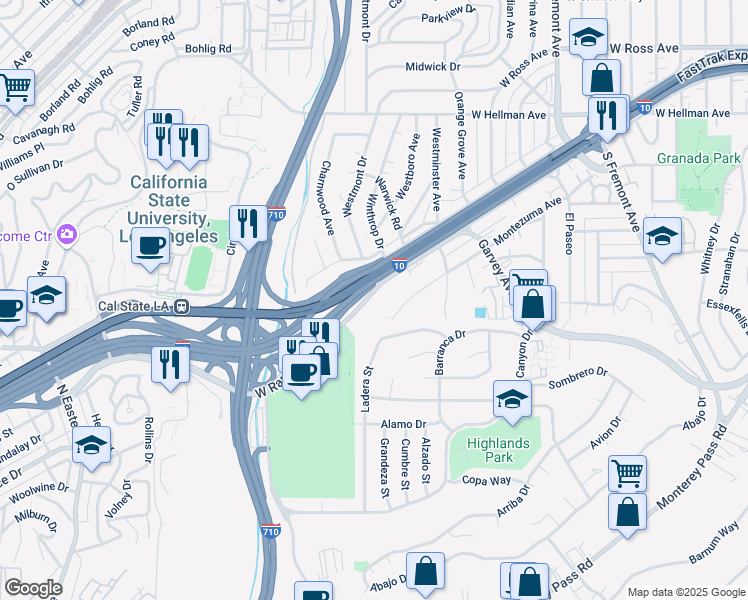 map of restaurants, bars, coffee shops, grocery stores, and more near 3208 West Ramona Road in Alhambra