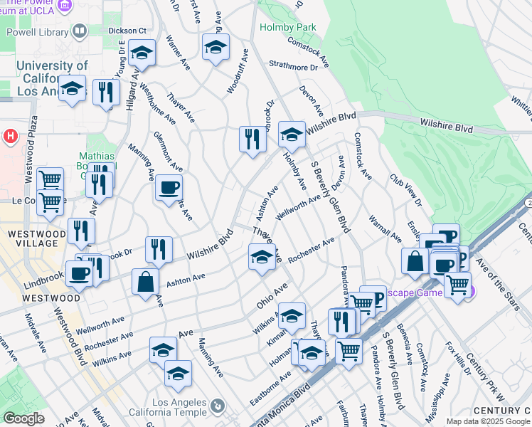 map of restaurants, bars, coffee shops, grocery stores, and more near 10520 Ashton Avenue in Los Angeles