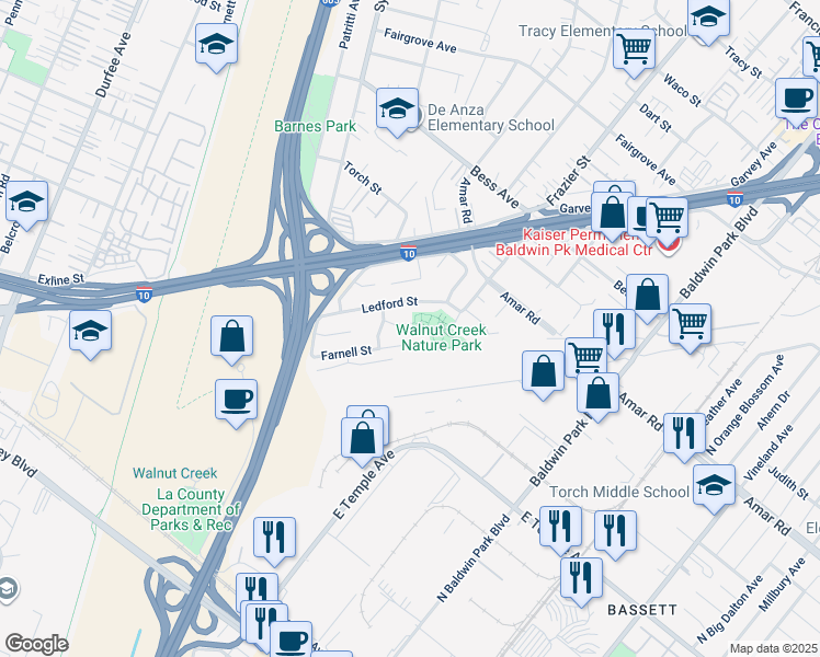 map of restaurants, bars, coffee shops, grocery stores, and more near 12828 Hensel Street in Baldwin Park