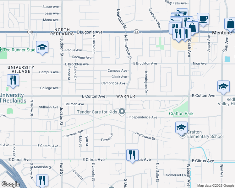 map of restaurants, bars, coffee shops, grocery stores, and more near 801 Belinda Lane in Redlands