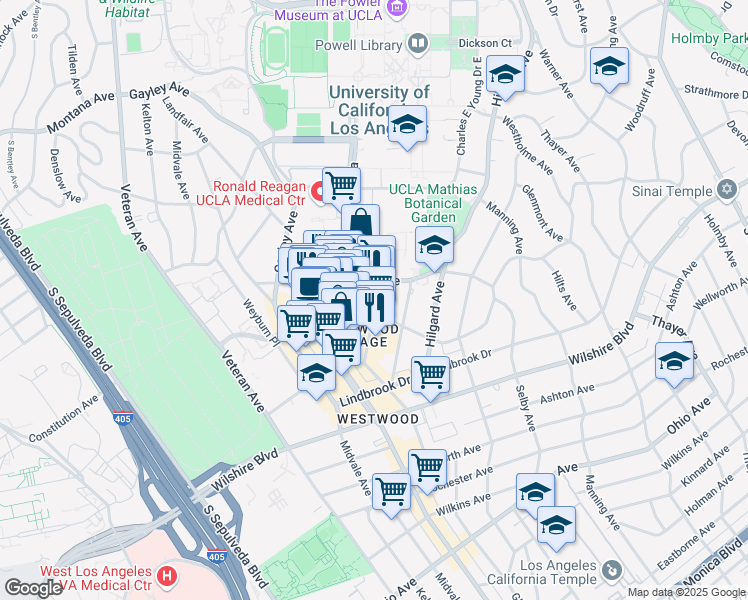map of restaurants, bars, coffee shops, grocery stores, and more near 10861 Le Conte Avenue in Los Angeles