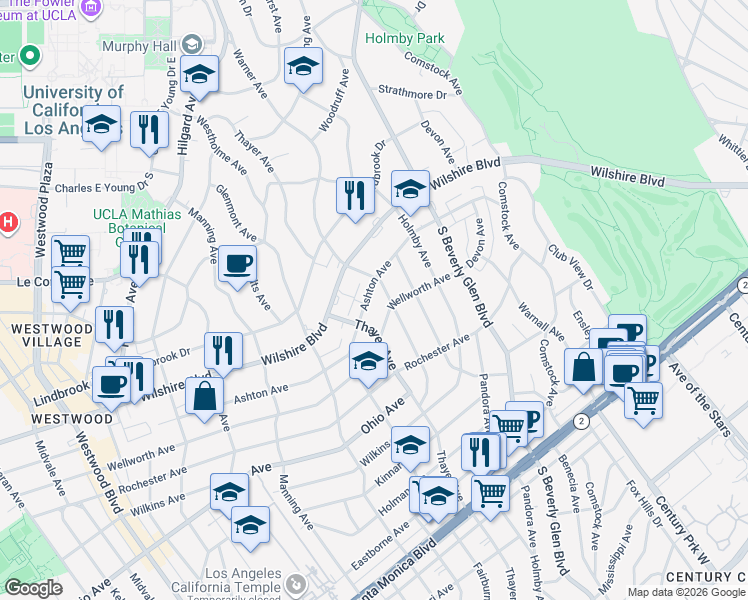 map of restaurants, bars, coffee shops, grocery stores, and more near 10520 Ashton Avenue in Los Angeles