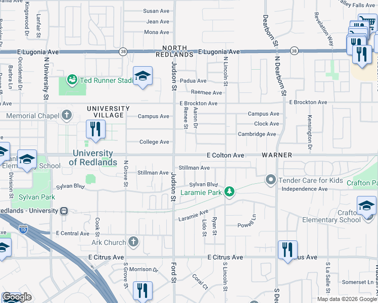 map of restaurants, bars, coffee shops, grocery stores, and more near 802 Renee Street in Redlands