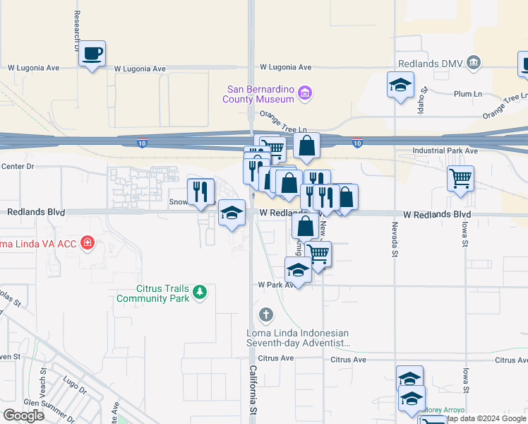 map of restaurants, bars, coffee shops, grocery stores, and more near 26001 West Redlands Boulevard in Redlands