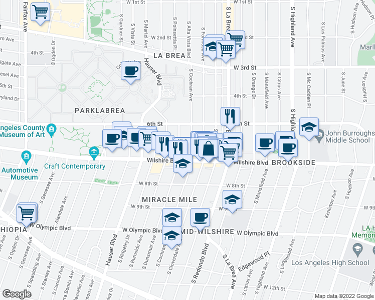 map of restaurants, bars, coffee shops, grocery stores, and more near 650 South Cochran Avenue in Los Angeles