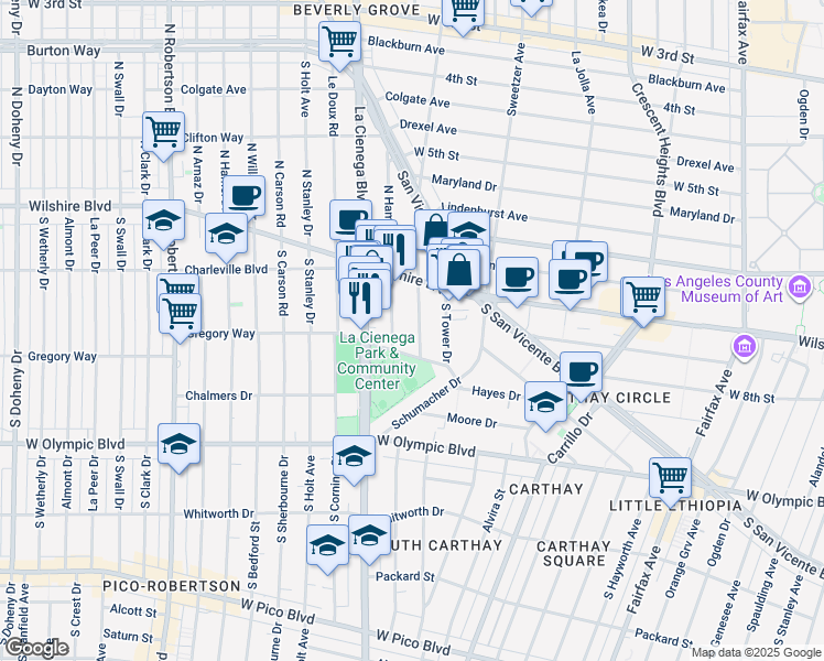 map of restaurants, bars, coffee shops, grocery stores, and more near 227 South Gale Drive in Beverly Hills