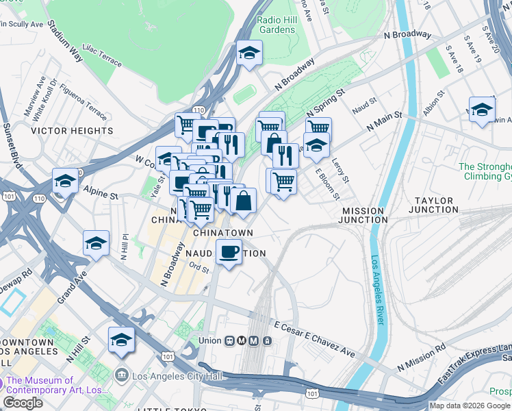 map of restaurants, bars, coffee shops, grocery stores, and more near 101-155 West College Street in Los Angeles
