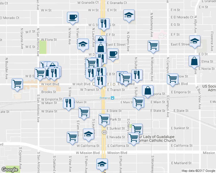 map of restaurants, bars, coffee shops, grocery stores, and more near 150 East Holt Boulevard in Ontario