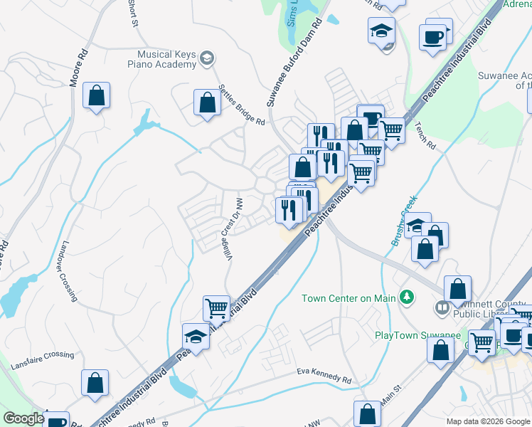 map of restaurants, bars, coffee shops, grocery stores, and more near 4409 Village Field Place in Suwanee