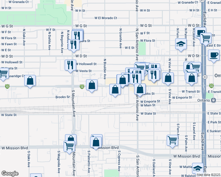map of restaurants, bars, coffee shops, grocery stores, and more near 835 West Holt Boulevard in Ontario