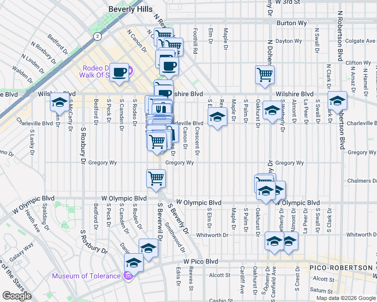 map of restaurants, bars, coffee shops, grocery stores, and more near 252 Canon Drive in Beverly Hills