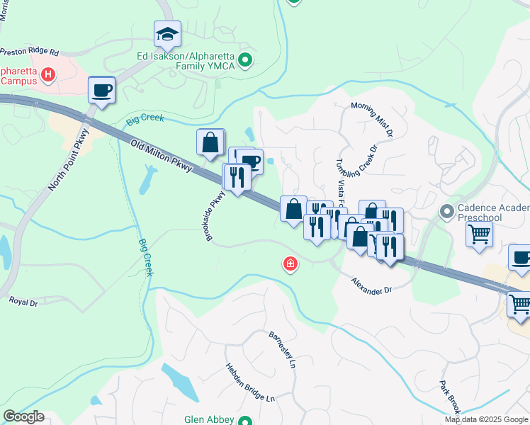 map of restaurants, bars, coffee shops, grocery stores, and more near 3675 Old Milton Parkway in Alpharetta