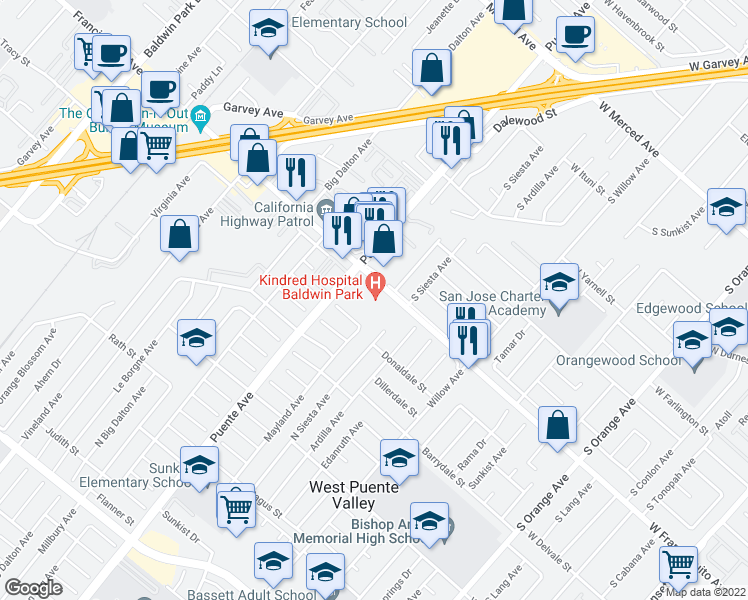 map of restaurants, bars, coffee shops, grocery stores, and more near 14148 Francisquito Avenue in Baldwin Park