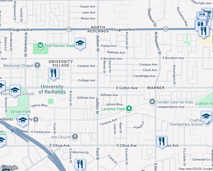 map of restaurants, bars, coffee shops, grocery stores, and more near 802 Renee Street in Redlands