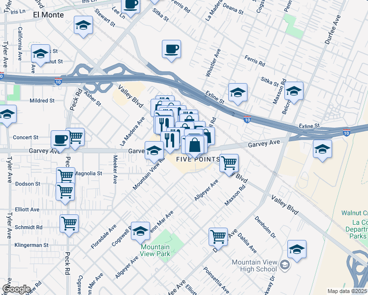 map of restaurants, bars, coffee shops, grocery stores, and more near 11937 Valley Boulevard in El Monte