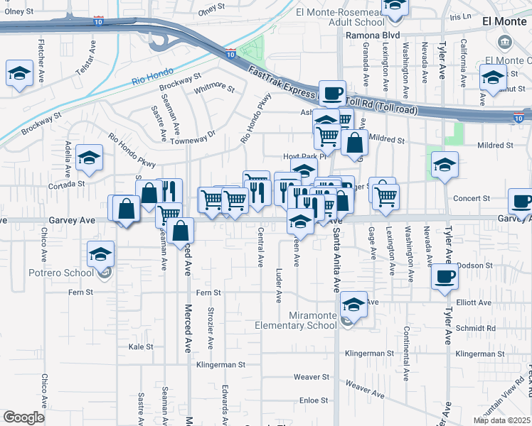 map of restaurants, bars, coffee shops, grocery stores, and more near 3015 Central Avenue in El Monte