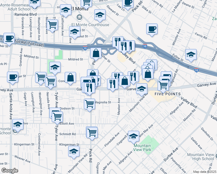 map of restaurants, bars, coffee shops, grocery stores, and more near 3003 Richwood Avenue in El Monte