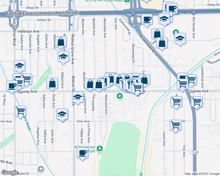 map of restaurants, bars, coffee shops, grocery stores, and more near 3026 Muscatel Avenue in Rosemead
