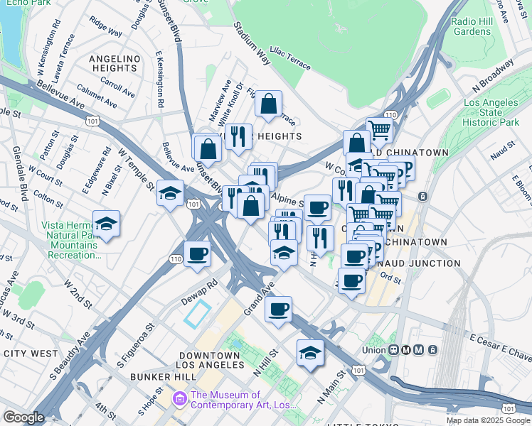 map of restaurants, bars, coffee shops, grocery stores, and more near 820 Alpine Street in Los Angeles