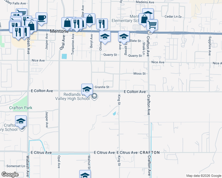 map of restaurants, bars, coffee shops, grocery stores, and more near 31012 Granite Street in Mentone