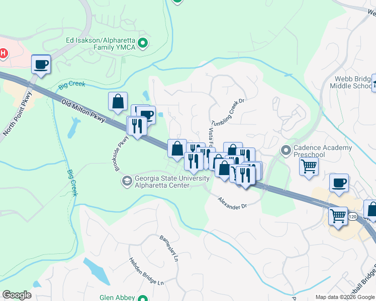 map of restaurants, bars, coffee shops, grocery stores, and more near 5490 Bridge Pointe Drive in Alpharetta