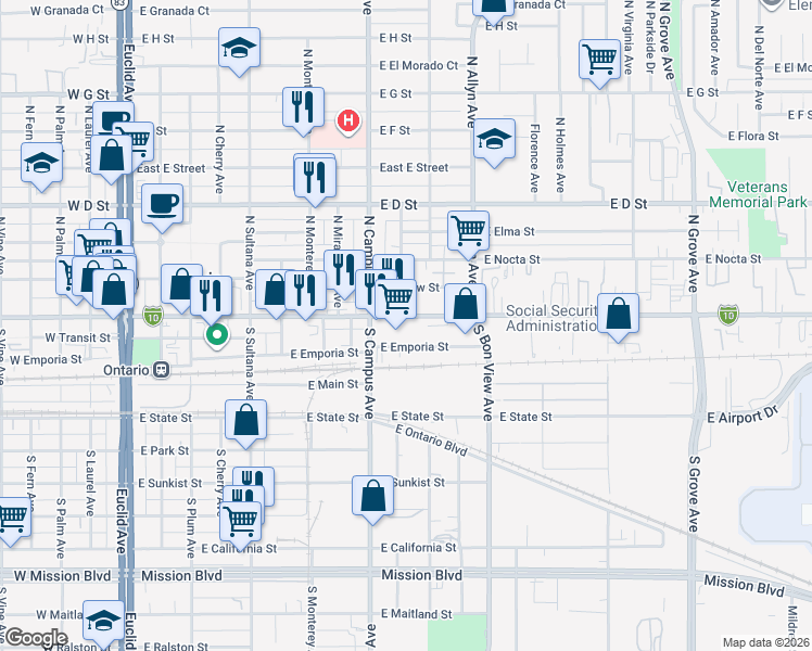 map of restaurants, bars, coffee shops, grocery stores, and more near 744 East Holt Boulevard in Ontario