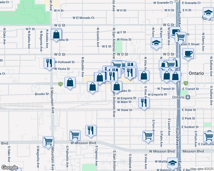map of restaurants, bars, coffee shops, grocery stores, and more near 729 West Holt Boulevard in Ontario