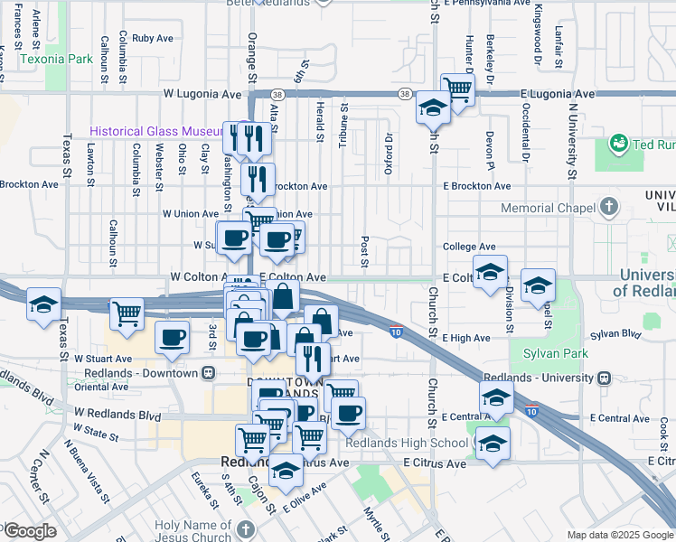 map of restaurants, bars, coffee shops, grocery stores, and more near 323 East Colton Avenue in Redlands
