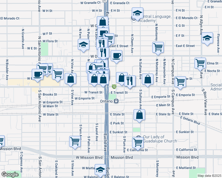 map of restaurants, bars, coffee shops, grocery stores, and more near 100 South Euclid Avenue in Ontario