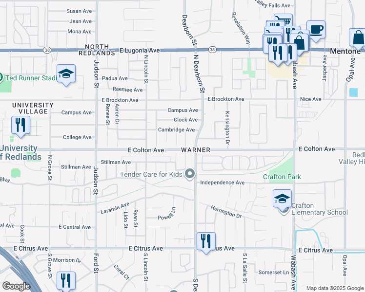 map of restaurants, bars, coffee shops, grocery stores, and more near 801 Belinda Lane in Redlands