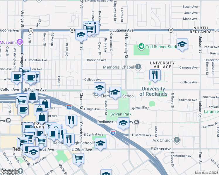 map of restaurants, bars, coffee shops, grocery stores, and more near 939 East Colton Avenue in Redlands