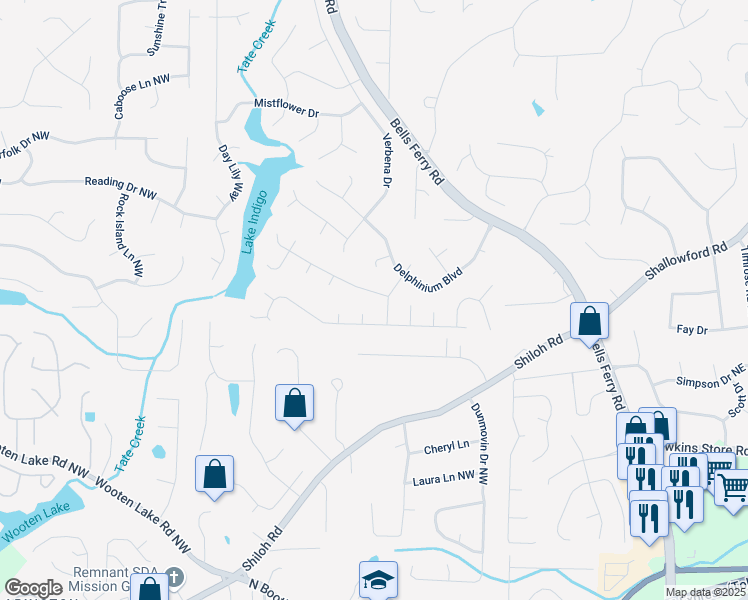 map of restaurants, bars, coffee shops, grocery stores, and more near 609 Dahlia Way in Acworth