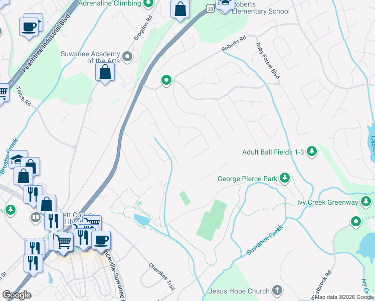 map of restaurants, bars, coffee shops, grocery stores, and more near 15 Cherrystone Walk in Suwanee
