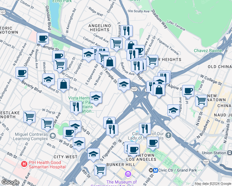 map of restaurants, bars, coffee shops, grocery stores, and more near 1131 West Angelina Street in Los Angeles