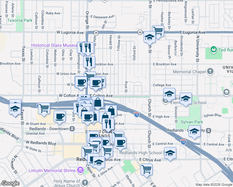 map of restaurants, bars, coffee shops, grocery stores, and more near 823 Tribune Street in Redlands