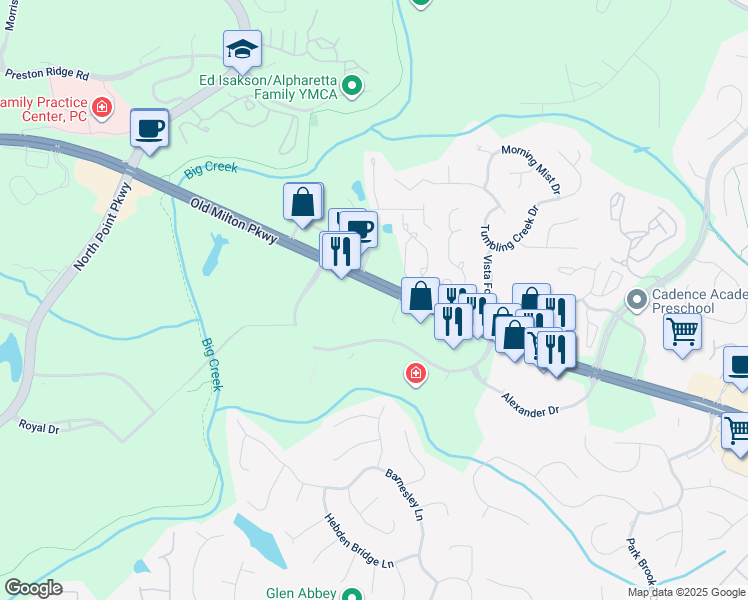 map of restaurants, bars, coffee shops, grocery stores, and more near 3675 Old Milton Parkway in Alpharetta