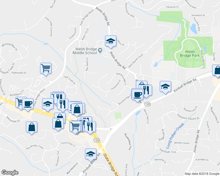 map of restaurants, bars, coffee shops, grocery stores, and more near 1115 Timberline Place in Alpharetta