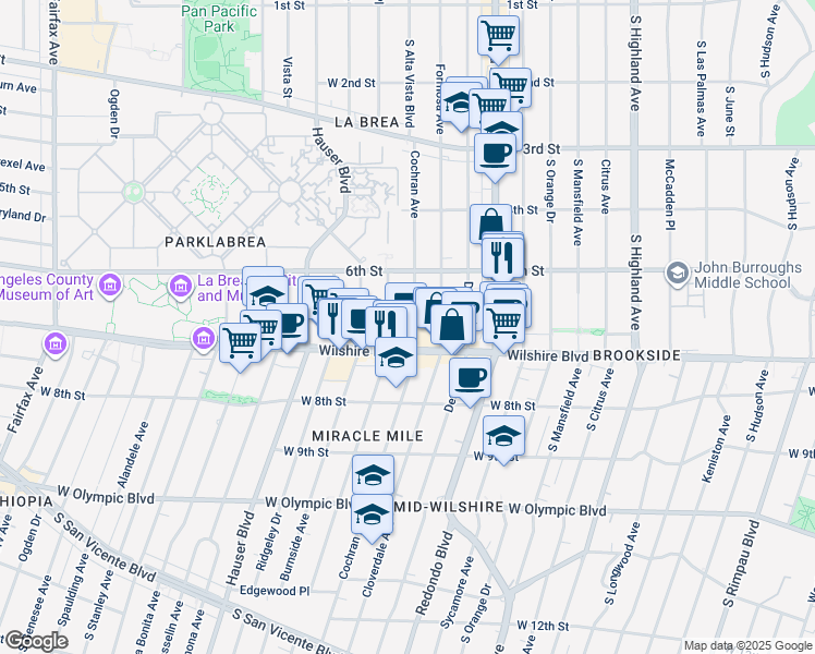 map of restaurants, bars, coffee shops, grocery stores, and more near 665 Cochran Avenue in Los Angeles