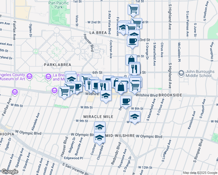 map of restaurants, bars, coffee shops, grocery stores, and more near 665 Cochran Avenue in Los Angeles