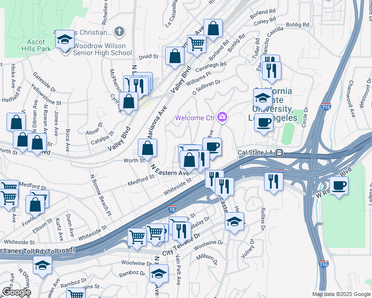 map of restaurants, bars, coffee shops, grocery stores, and more near 1851 Heidleman Road in Los Angeles