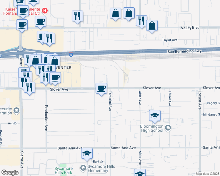 map of restaurants, bars, coffee shops, grocery stores, and more near 10500 Tamarind Avenue in Fontana